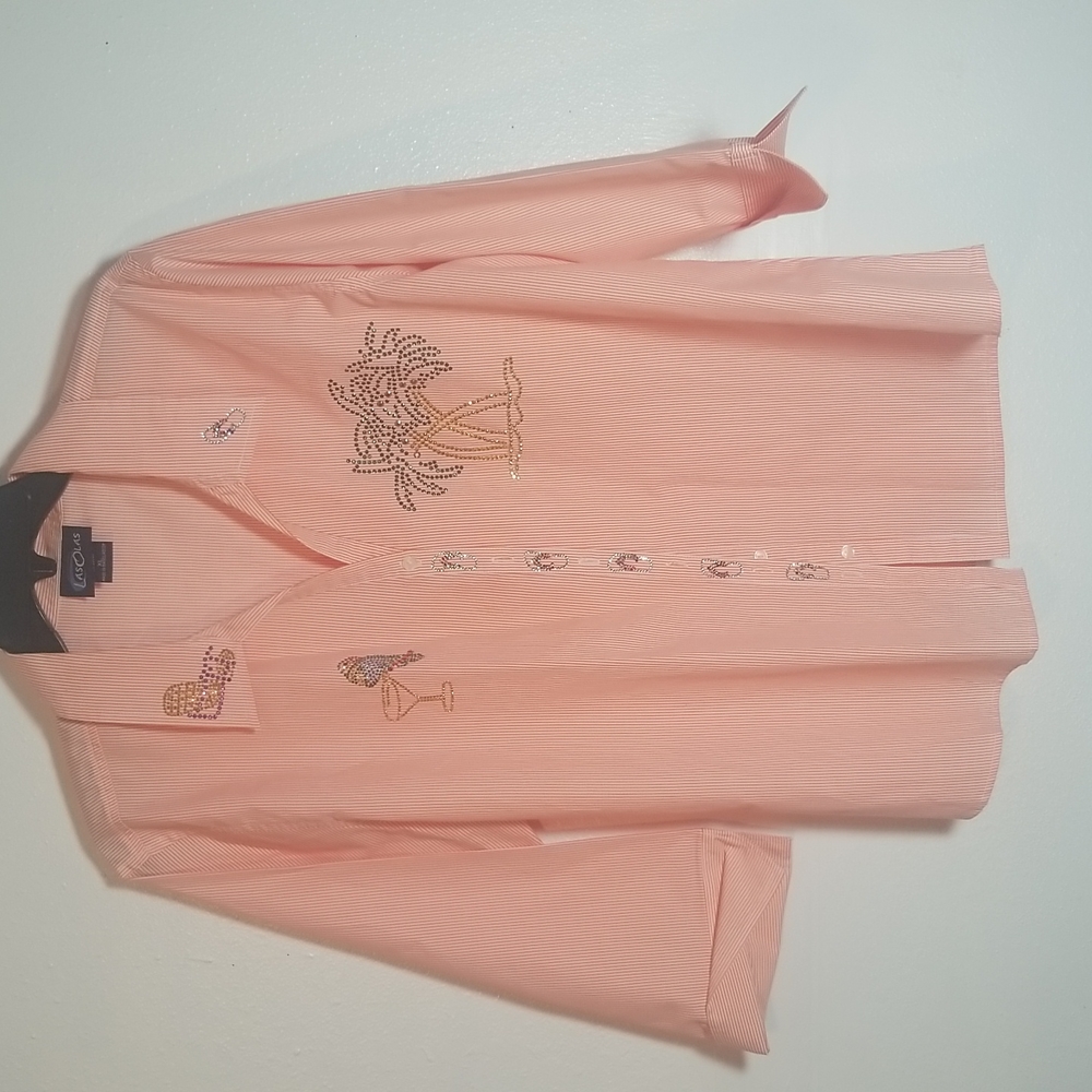 Orange pinstripe XL Las Olas Women's blouse, button up with  bedazzled decor